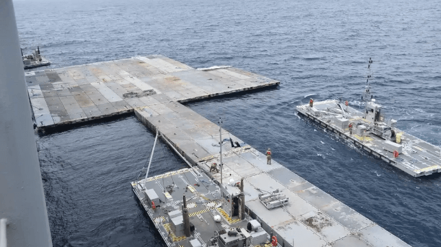 The Trident Pier for the JLOTS operation takes shape off Gaza, April 26. The water-side work is now complete (U.S. Army photo)