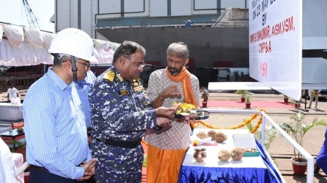 Vice Adm. B Siva Kumar leads the ceremony for the keel-laying, May 3 (Indian Navy)