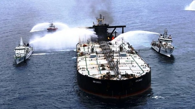 fire reignited aboard crude oil tanker