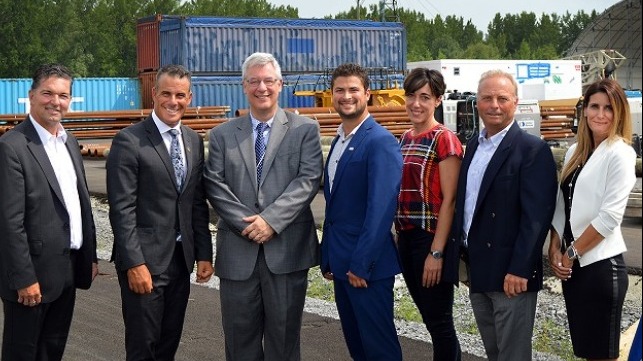 From left to right: Guy Leclair, Beauharnois MP, Stephane Billette Huntingdon MP, Jean-Philippe Paquin, general manager of the Soci?t? du port de Valleyfield, Miguel Lemieux, mayor of Salaberry-de-Valleyfield, Genevi?ve Fortier, Vice-President of the Board, Soci?t? du port de Valleyfield, Roland Czech, President of the Board, Soci?t? du port de Valleyfield, and Isabelle Viau, Operations Director, Soci?t? du port de Valleyfield.
