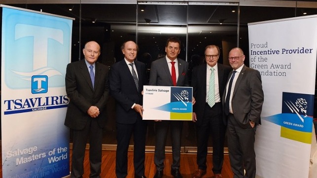 L to R: Nicolas Tsavliris, Andreas Tsavliris (Principal, Tsavliris Salvage),  Dimitrios Mattheou (Chairman,  Green Award Foundation), George Tsavliris (Principal, Tsavliris Salvage), Jan Fransen (Executive Director, Green Award Foundation)