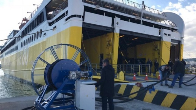 Plug in of the passenger ro-ro ferry Fior Di Levante, with the first pilot installation for shore based electrification, port of Killini.
