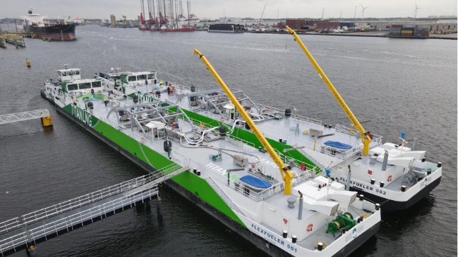 Sister vessels FlexFueler 001 and FlexFueler 002 during tests in the Port of Amsterdam (image source: Titan LNG) 