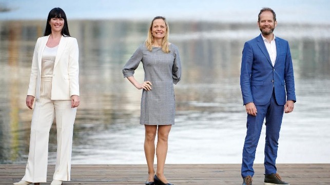 Through the Aurora project Norwegian energy company BKK aims to build a complete liquid hydrogen supply chain for the maritime industry. From left: Benedicte Staalelsen, Head of Political and Public Affairs; Ingrid Von Streng Velken, EVP innovation and development; and Bjørn Sundland, Director Business Development. Photo: Helge Hansen/BKK.