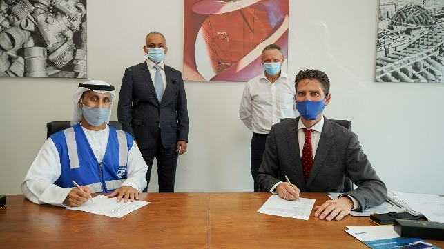 Mr. Khalfan Al Ali, Manager (Marine Projects (OMS), ADNOC); Mr. Vivek Seth (Senior Vice President, Marine Services, ADNOC); Mr. Lars Seistrup (Managing Director Albwardy Damen); Mr. Pascal Slingerland (Regional Sales Director Damen Shipyards)