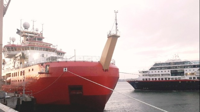 Polar vessels the MS Maud and RSS Sir David Attenborough meet at Harwich International