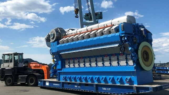 A Bergen engine leaves the factory in Norway by truck.