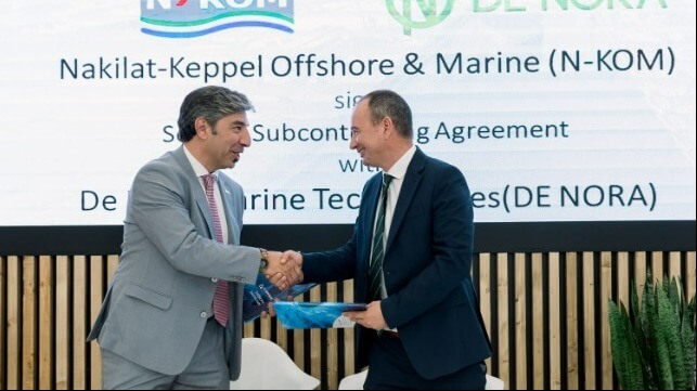 Dimitrios Tsoulos, Regional Sales Manager EMEA, De Nora Marine Technologies, (R) is joined by Georgios Moutzourogeorgos, Chief Commercial & Business Development Officer, NKOM, during the formal signing of the service subcontracting agreement with Nakilat-Keppel Offshore & Marine (N-KOM), to expand service convenience for De Nora Ballast Water Management Systems (BWMS) installed on vessels trading in the Gulf region.