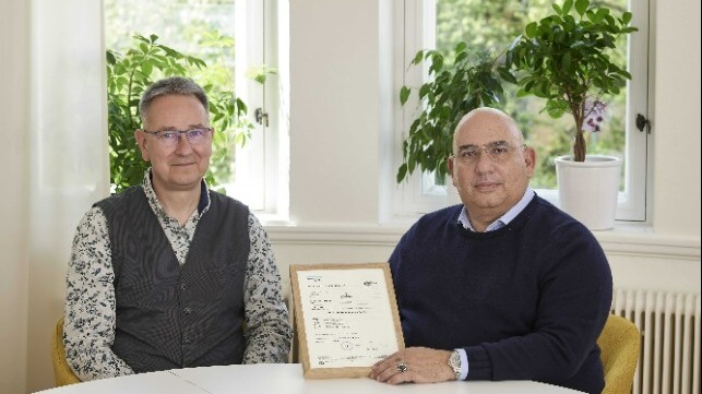 SeaSkill Service Manager Torsten Schröder awarded Seably’s CEO Andrea Lodolo the certification on behalf of DNV last week. Credit: Seably