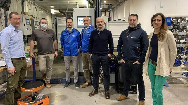 From left to right: Gabriel Malterre, Sales Manager BIO-SEA, Franck Perier, Technical Supervisor BIO-SEA, David Pinza, Sales Manager, FGS, Simone Trevale , Sales Manager FGS, Alessandro Biggio, CEO FGS, Alfonso Rey Espana, Business Director, Progener, and Camille Cosson, Sales Manager BIO-SEA