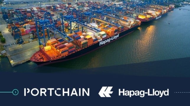 Photo of a container terminal and two ships with the Portchain and Hapag-Lloyd logos overlaid