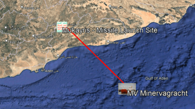 Launch site for attack on MV Minervagracht, September 29 (Google Earth/Copernicus/CJRC)