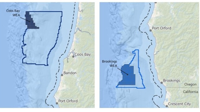 The final Coos Bay (left) and Brookings (right) WEAs, in solid blue (BOEM)