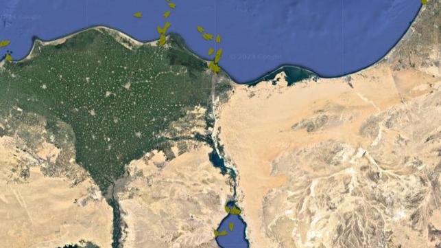 Not much to see: a few dozen container ships wait at the north and south ends of the Suez Canal, January 18 (Pole Star)Not much to see: a few dozen container ships wait at the north and south ends of the Suez Canal, January 18 (Pole Star)