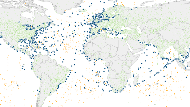Weather data sources at sea: blue dots are reporting vessels, yellow dots are buoys (ECMWF)