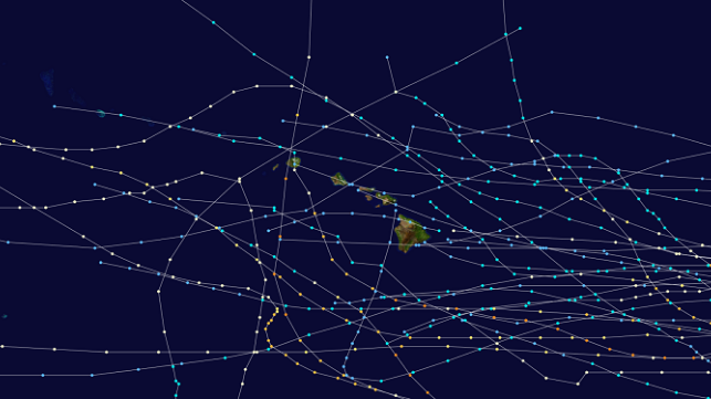 Tracks of tropical cyclones that affected Hawaii until 2006.