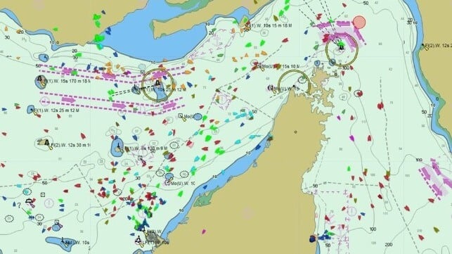 AIS traffic in and around the Strait of Hormuz, June 25. East/westbound traffic is concentrated on the southern shore (center left) (Pole Star)