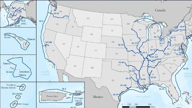 Designated Marine Highway routes around the U.S. and outlying territories (MARAD)