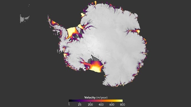 The flow of Antarctic ice, derived from feature tracking of Landsat imagery. Credit: NASA Earth Observatory