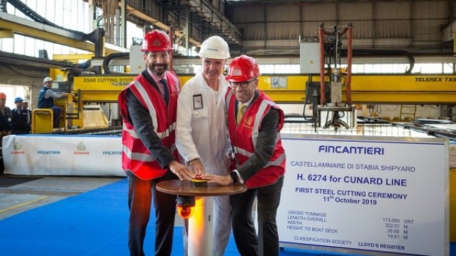 L-R: Josh Weinstein, President of Carnival UK, Gilberto Tobaldi, Shipyard Director from Fincantieri and Simon Palethorpe, President of Cunard.