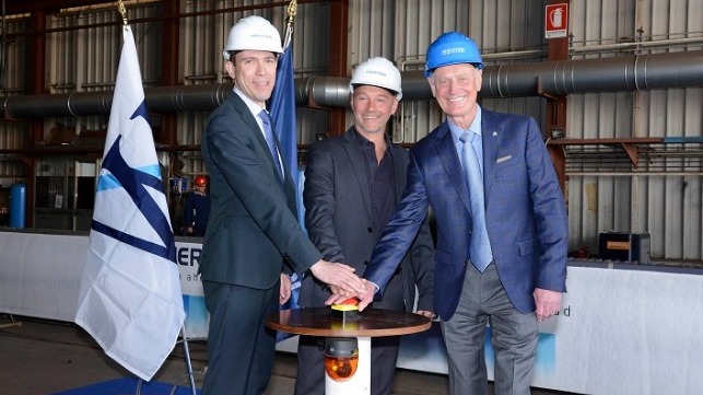 L-R: Fincantieri’s Vice President of Ship Repair and Conversions Andrew Toso, Shipyard Director Gianni Salvagno and Windstar Cruises’ Vice President of Expansion Projects John Gunner.