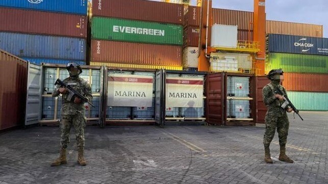 Containers of glacial acetic acid seized at Port of Manzanillo. This ubiquitous chemical can be used in meth production (SEMAR)