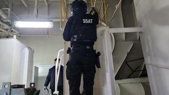 Korean officers search machinery spaces aboard the Lunita, April 2 (Donghae Coast Guard)