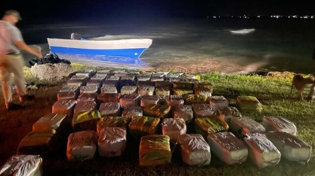 Smuggling boat aground on a beach in USVI at night