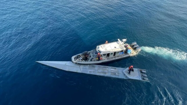 Colombian Navy patrol boat intercepts a semisub smuggling boat