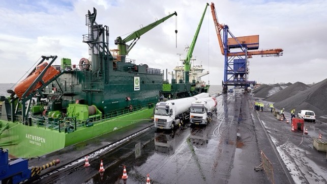 The hopper dredger Scheldt River being fueled at the Elbehafen in Brunsbüttel.
