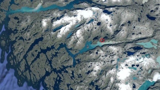 Lease area's waterfront access site, red, on Greenland's rugged western coast (Pole Star / NASA)