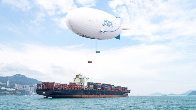 Arriba, arriba y lejos: dirigibles utilizados para transportar cargas grandes desde barcos a áreas remotas 1 dirigible descargando portacontenedores