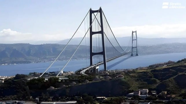 The bridge as seen from the Sicilian side (handout rendering courtesy Messina Strait Company)