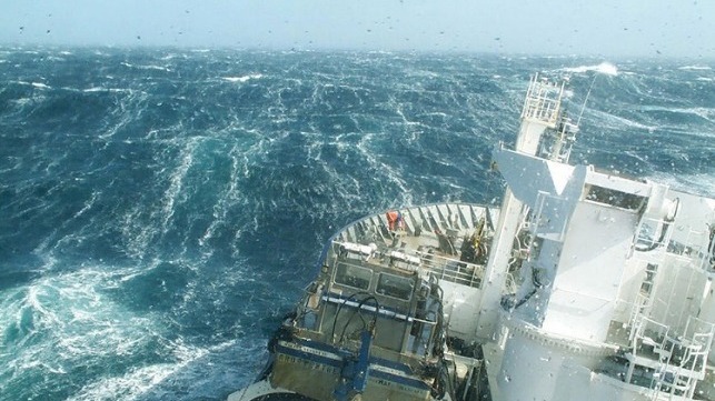 A research vessel ploughs through the waves, braving the strong westerly winds of the Roaring Forties in the Southern Ocean.  Credit: Nicolas Metzl, LOCEAN/IPSL Laboratory