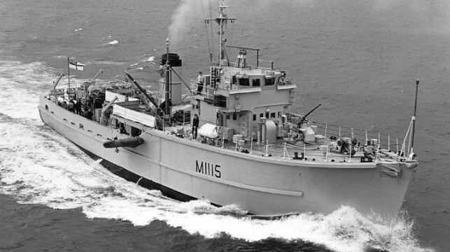 A black and white photo of the minesweeper HMS Bronington