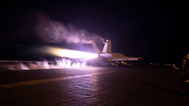 An F/A-18 fighter launches from the deck of USS Dwight D. Eisenhower en route to a Houthi target, Feb. 2024 (USN)