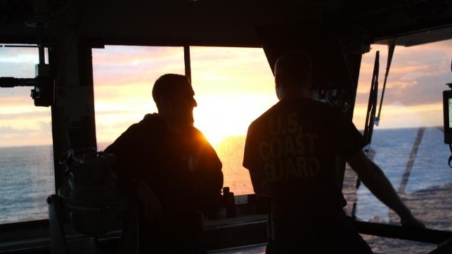 Two seafarers on the bridge