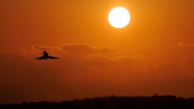 A Royal Air Force Typhoon fighter takes off on a mission to strike Houthi targets, May 30 (UK Ministry of Defence)