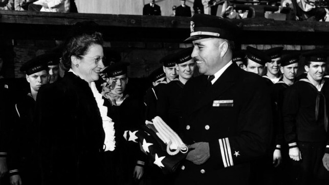 Cmdr. Ernest E. Evans at the commissioning ceremony for USS Johnston, 1943 (USN)