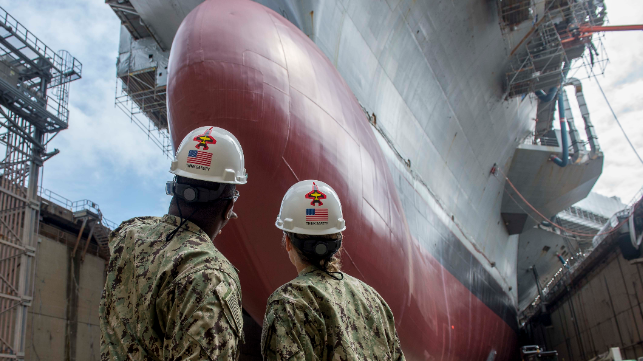 carrier uSS George H.W. Bush in drydock at NNSY (USN)