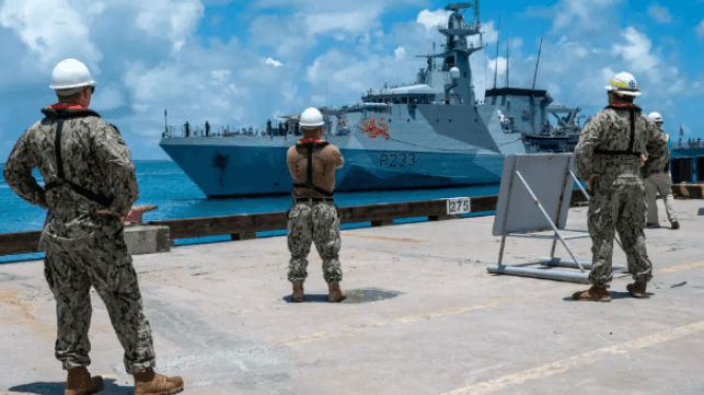 The Royal Navy patrol vessel HMS Tamar calls Diego Garcia, February 2023. The naval station at Diego Garcia is an asset for both U.S. and UK forces (USN)