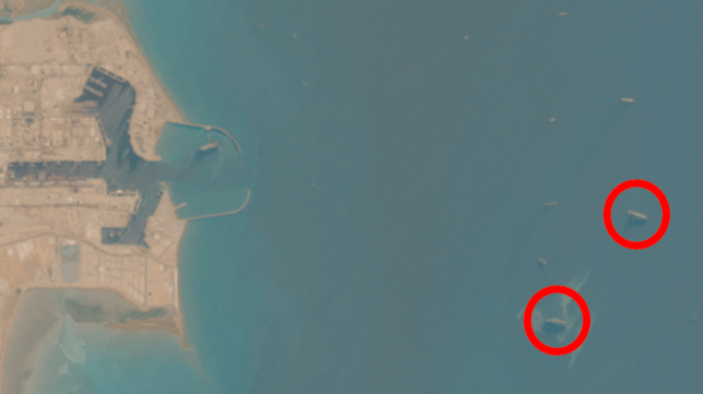 Shahid Mahdavi (110-3) and Shahid Bagheri (110-4) in the Bandar Abbas roads, May 24 (Sentinel-2/CJRC)