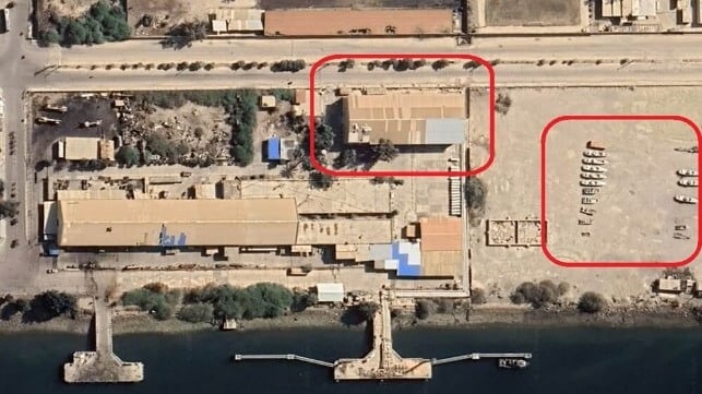  Nedsa warehouse at 27.14816N 56.2083E destroyed on June 21. Note Nedsa speedboats stored in the lot alongside (CJRC)