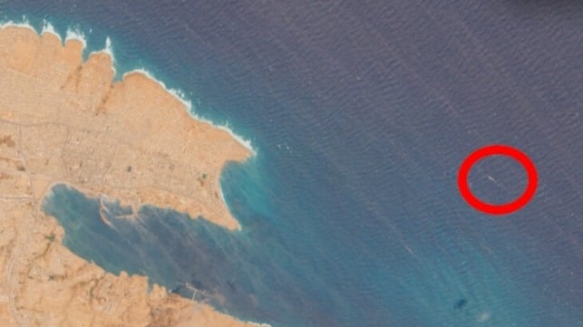 MV Elyana off Tobruk at 32.0791N 24.0617E on May 27 (Sentinel-2/CJRC)