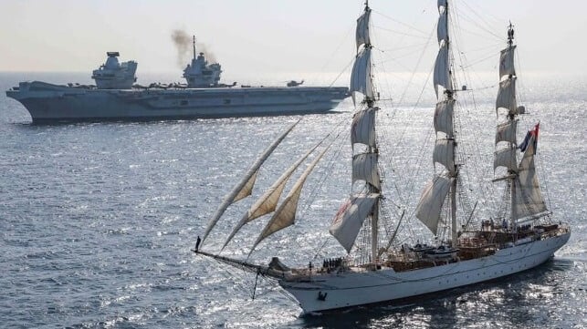 Shabab Oman II with HMS Queen Elizabeth, 2021 (Royal Navy file image)