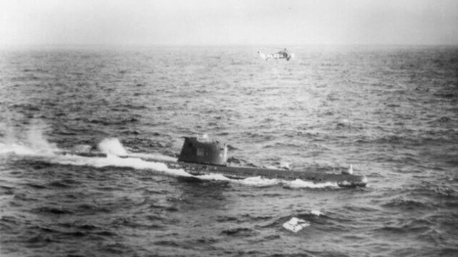 Soviet submarine B-59, forced to the surface by U.S. Naval forces in the Caribbean near Cuba. (Credit: U.S. National Archives)