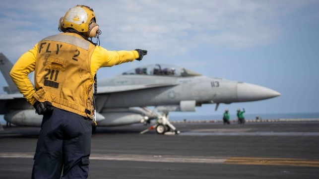 Crew of USS Dwight D. Eisenhower launches an F/A-18E fighter off Yemen, January 2024 (U.S. Navy file iamge)