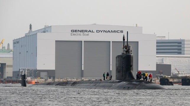 USS Hyman G. Rickover (SSN 795) departing Groton, Conn., for her final sea trials October 1, 2023. (Credit: General Dynamics Electric Boat)