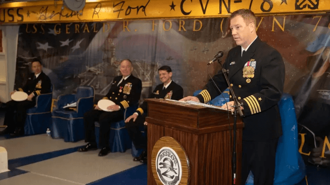 Capt. William "Mac" Harkin at his change of command ceremony, Feb. 2023 (USN)