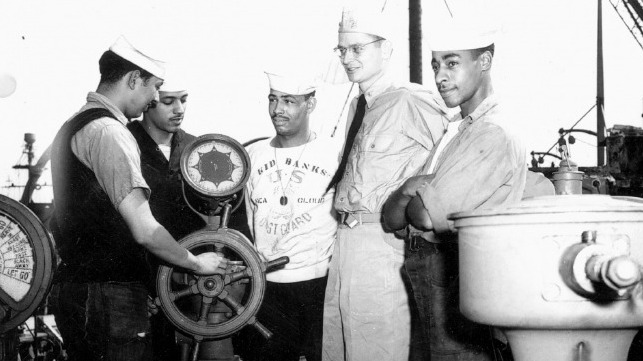 Undated photo of Cmdr. Carlton Skinner aboard the USS Sea Cloud along with several African American crewmembers.